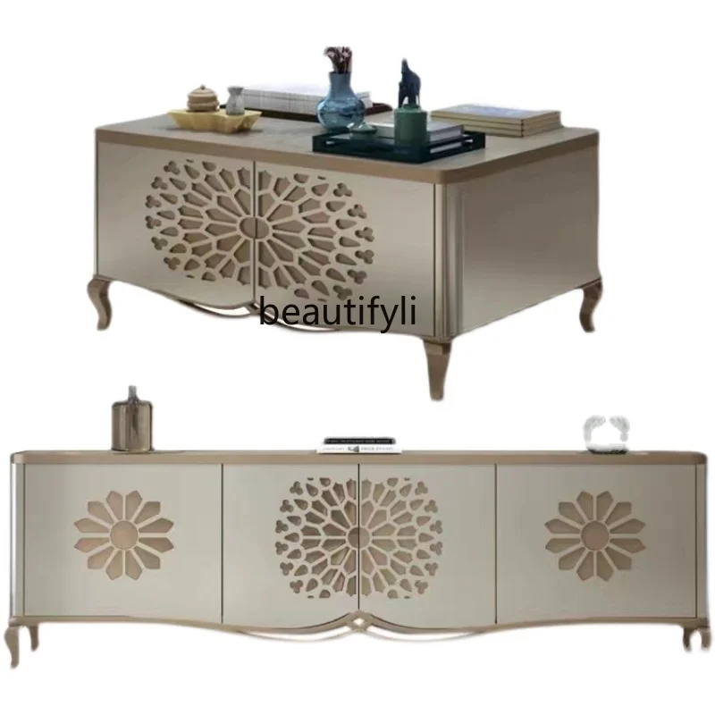 

Modern light luxury solid wood TV cabinet American champagne side cabinet coffee table combination simple high-end floor cabinet
