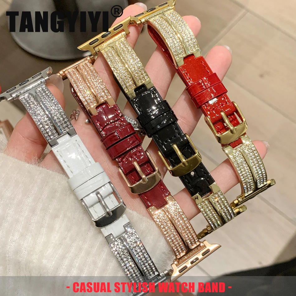 

Роскошный металлический браслет с бриллиантами для Apple Watch Band S11/10/9/8/7/6/5/SE/Ultra, кожаный ремешок для iWatch 49/46/45/44/42/41/40/38 мм