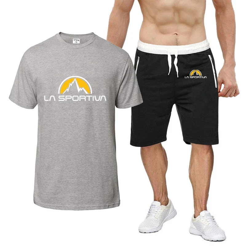 Men\'s crewneck breathable T-shirt with La Sportiva logo, casual sports shorts, solid file suit, Summer 2024 fashion