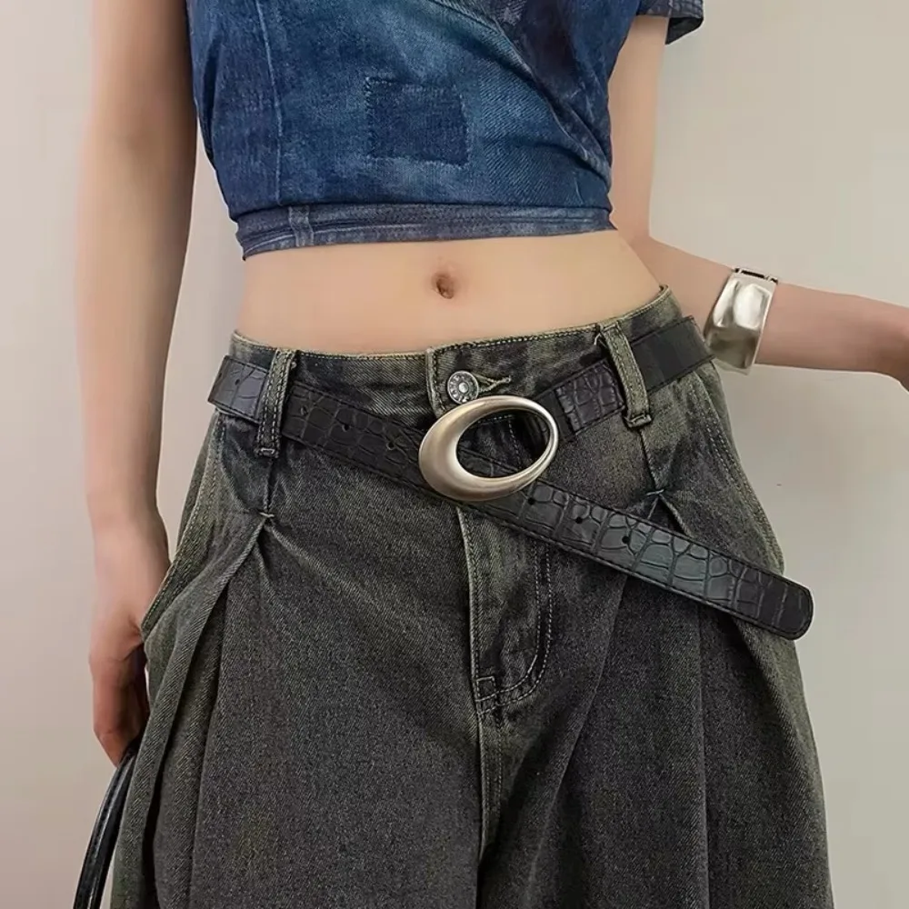 New Fashion Adjustable Women's Crocodile-patterned Belt Red Black Imitation Leather Waist Belt Simple Pin Buckle Dress Waistband