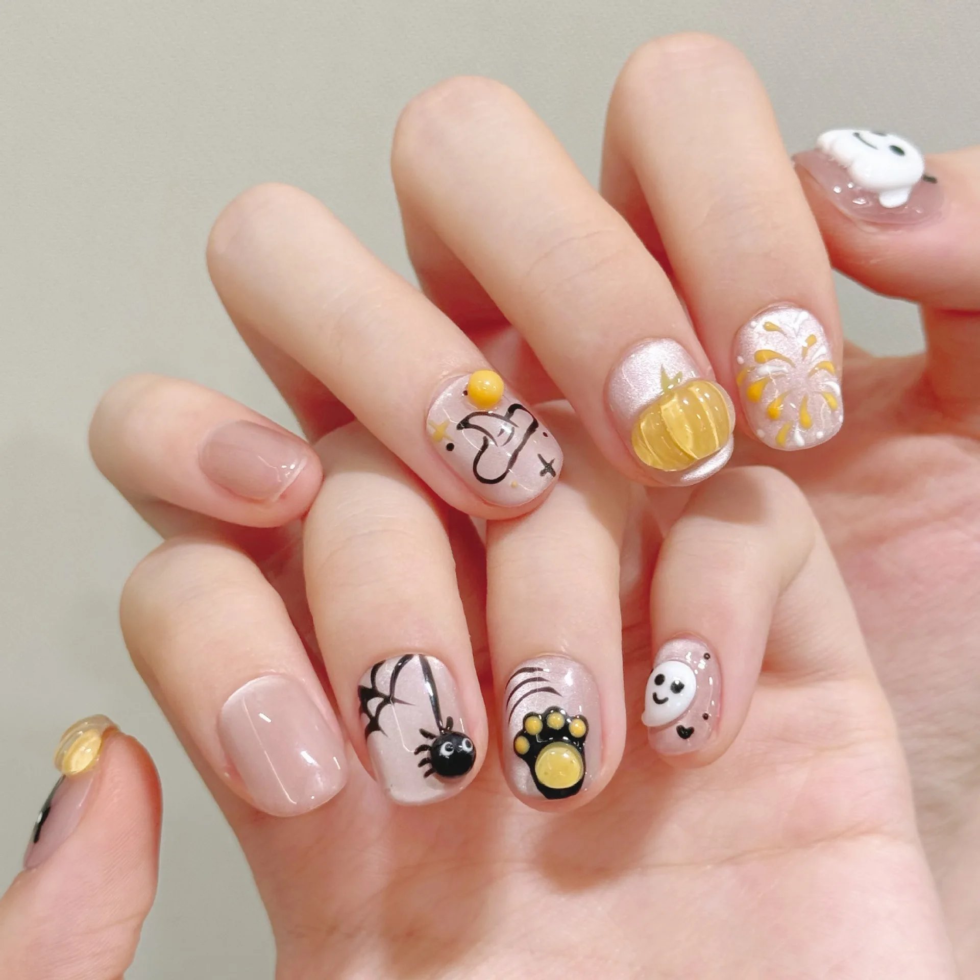 10 Uds. De uñas postizas hechas a mano de lujo, diseño corto ovalado de fantasma de todos los Santos con herramienta de 3 piezas, pestañas adhesivas para pegamento de uñas