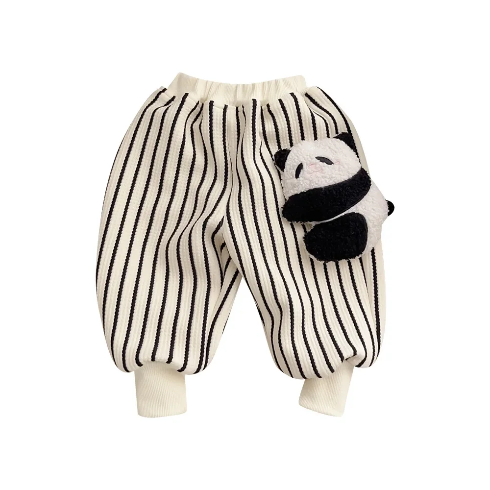 Winter Kids Baby Boys Girls Striped 3D Cartoon Animals Harem Pants - Toddler Thicken Plush Warm Outwear , Infant Cute Trousers