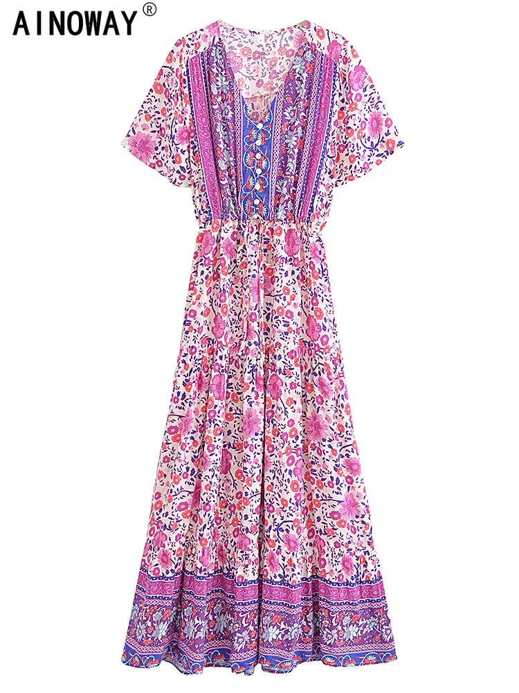 Vintage Chic Women Purple Floral Print Short Sleeve Tassel Ruffles Bohemian Maxi Dresses Ladies V-neck Rayon Happie Boho Dress