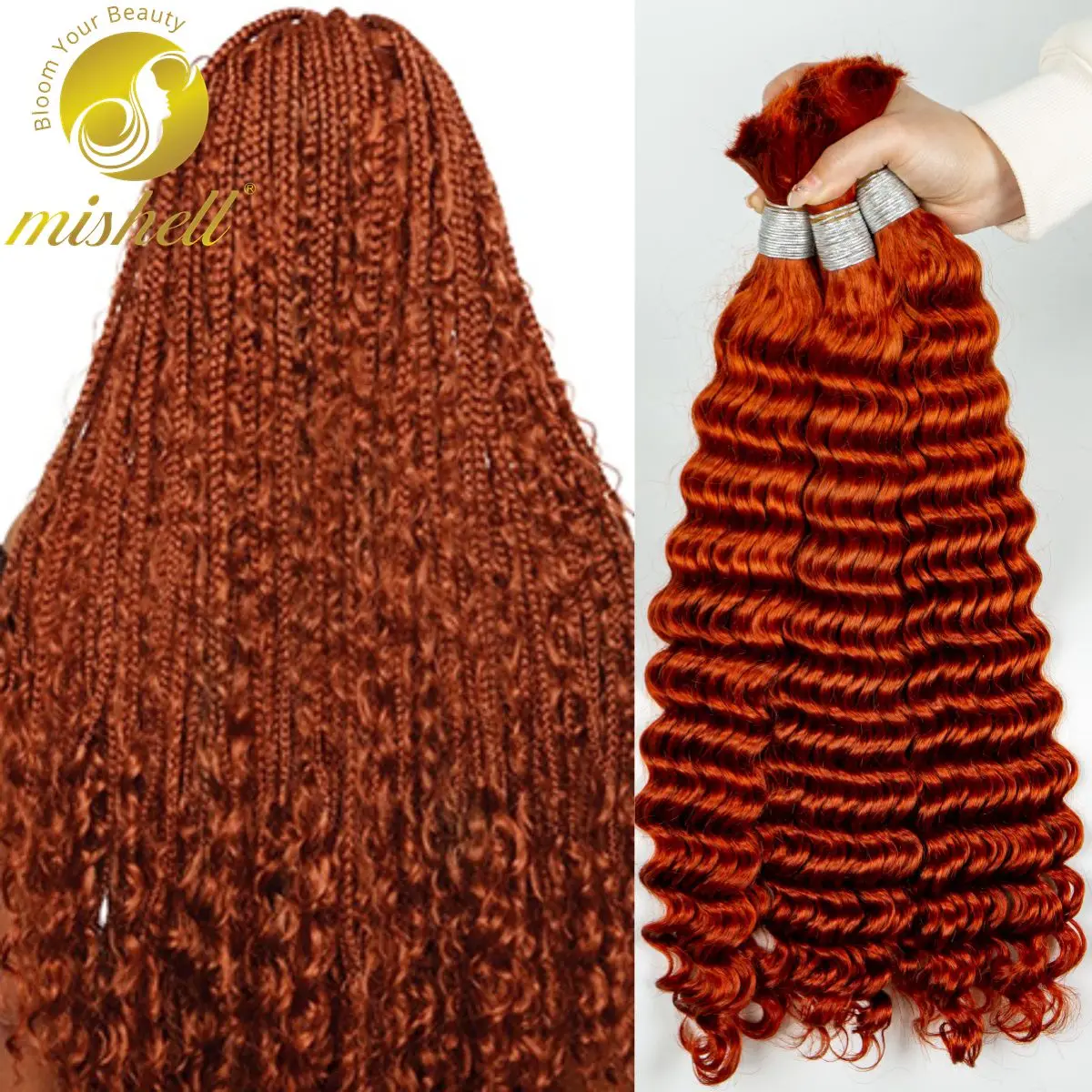 

28 Inch 2 Bundles 100g Ginger 350# Deep Wave Human Braiding Hair for Boho Braids Water Curly Human Hair Bulk for Knotless Braid