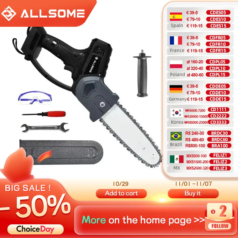 

ALLSOME 8 In. Mini Electric Cordless Chainsaw Handheld Chain Saw Pruning Shears for Tree Branch Wood Cutting