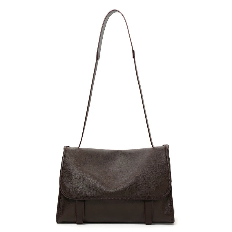 Large Capacity Multi Pocket Cow Leather Women Messenger Bag Litchi Grain Flap Crossbody Bag Adjustable Shoulder Strap Daily Bag