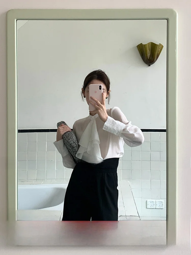 

Elegant Silk Shirt Women's Stand Collar Spring Commute Style Slim Fit Top Gauze Fiber Long Sleeve Casual Loose Fit Shirt