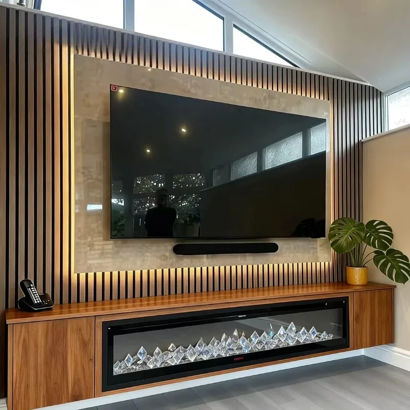 Customizable Modern Wooden TV Stand with LED Lights, Storage Cabinet, Sleek Panel Design for Living Room Furniture