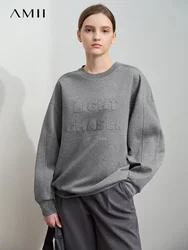 AMII Minimalist Sweatshirt For Women 2025 Autumn New Casual Streetwear O-Neck Drop Sleeves Letter Print Loose Tops 12511052