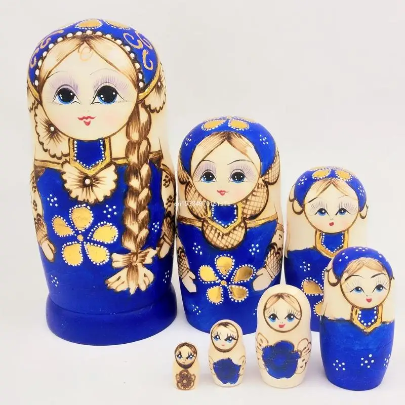 7pcs Blue Russian Nesting Dolls Wooden Matryoshka for Children Kids Gift Dropship