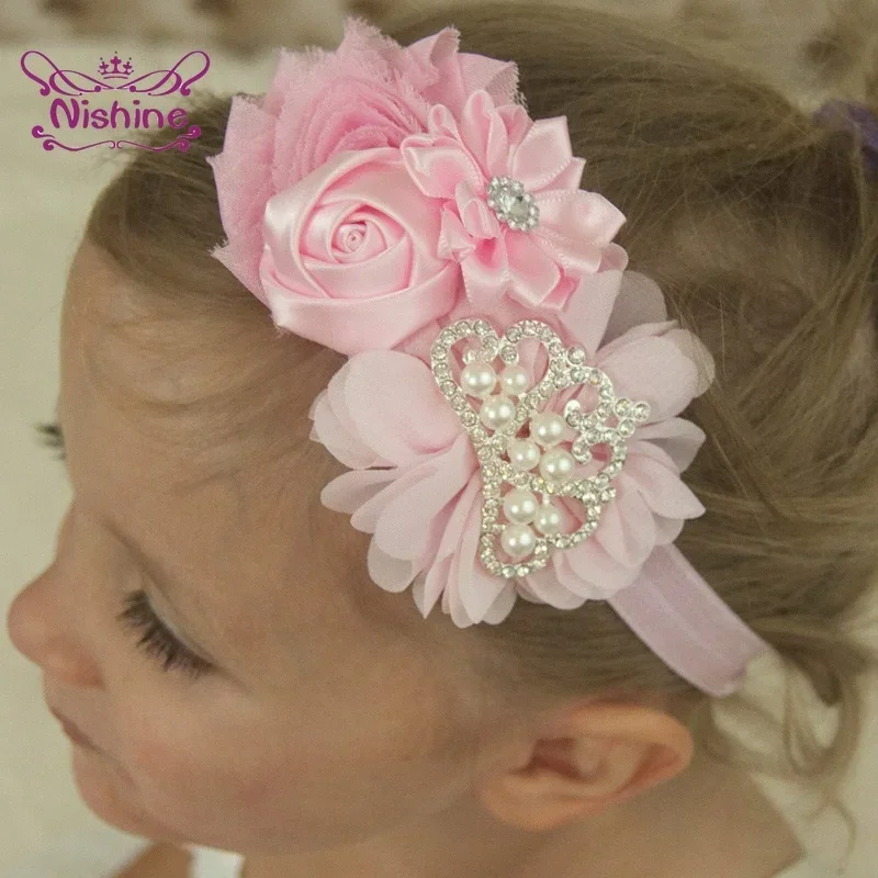 Nishine-Diadema de flores de gasa para niños, corona de perlas, banda para el cabello, accesorios para niños, tocado de princesa, accesorios de