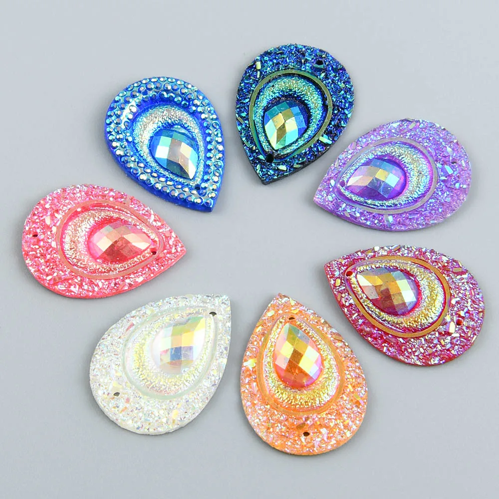 20pcs 18*25mm Shiny Peacock Eye AB Flatback Teardrop Resin Rhinestones Ornaments Sew on Wedding/Home Decoration DIY Applique