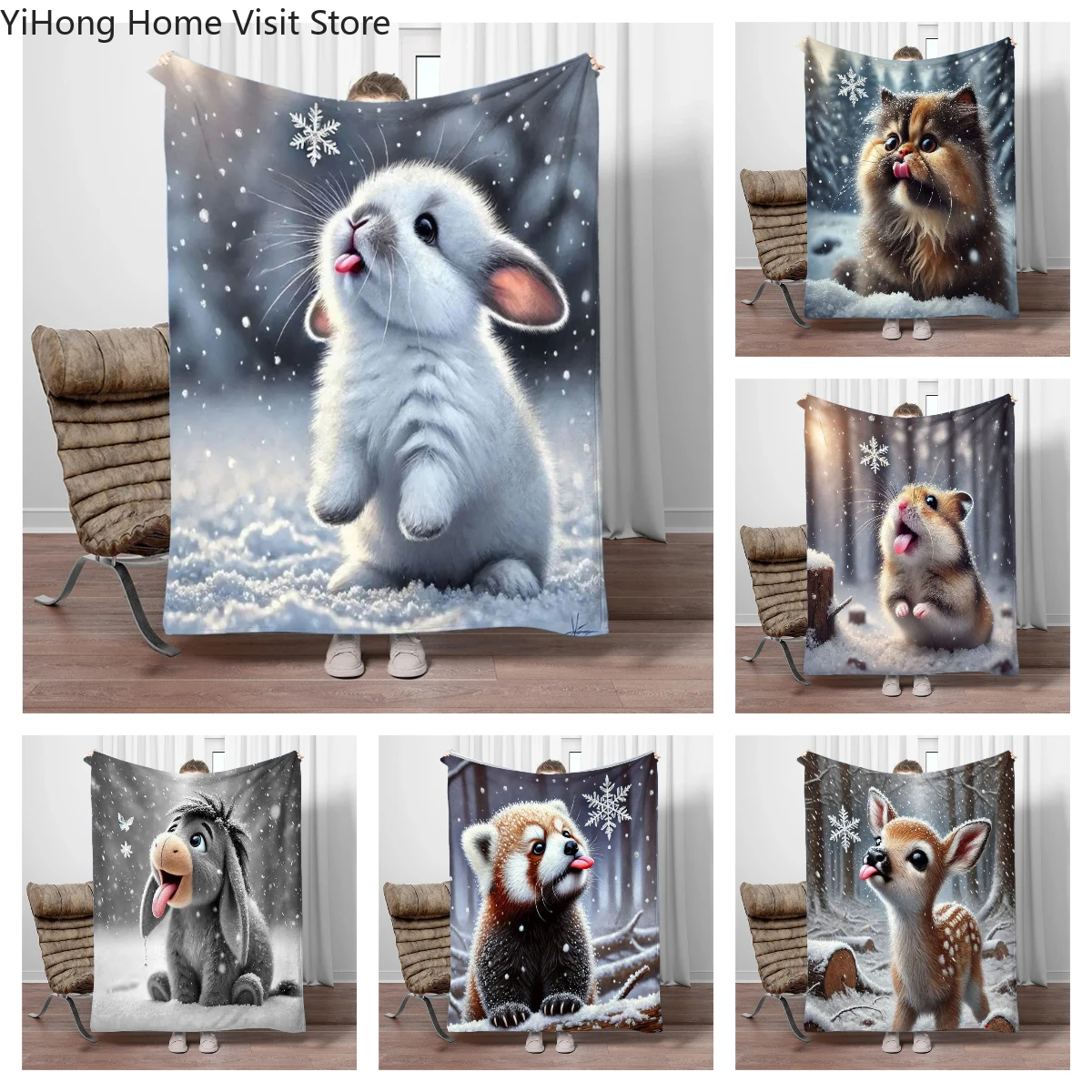 Cute Rabbit in Snow Flannel Throw Blanket Home Sofa Lunch Break Blankets for Bed Children Student Blanket Nap Cover Kids Gift