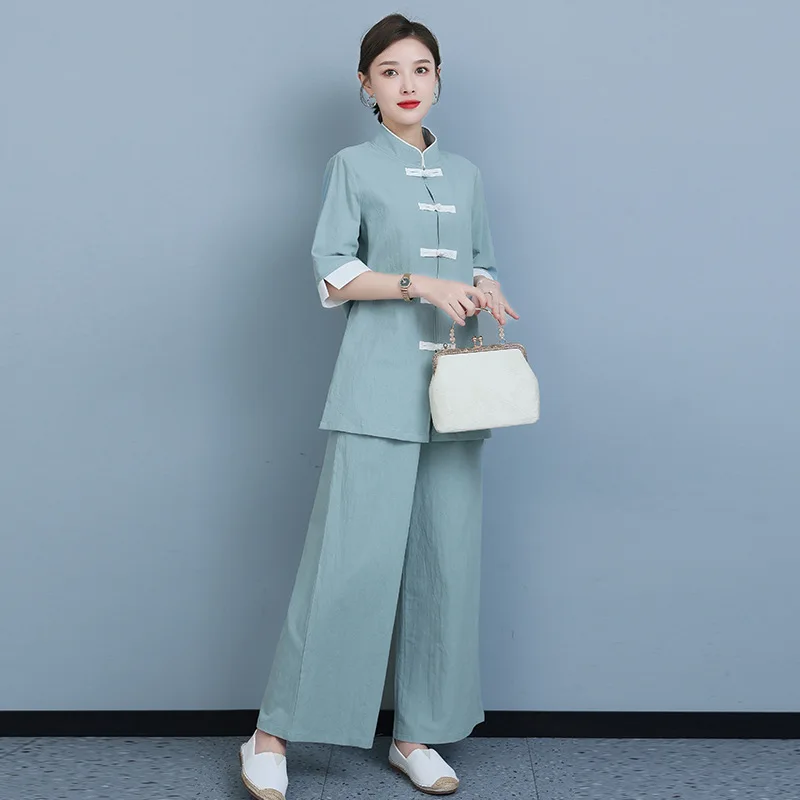 Traditional Chinese Costumes Vintage Zen Clothes Women Tea Service Meditation Outdoor Walking Breathable Cotton Linen Hanfu Suit