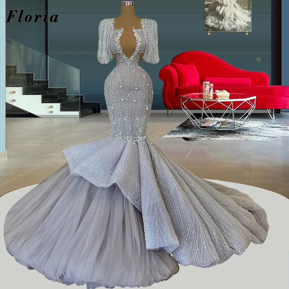 

Floria Robes Mermaid Celebrity Dresses Glitter Beaded Tiered Long Train Evening Dresses Luxury Dubai Couture Pageant Party Gowns