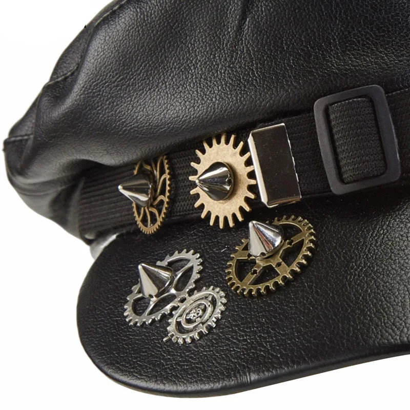 New Trendy Steampunk Newsboy Cap Black Pu Leather Punk Rivets Hat With Goggles Gothic Party Performance Cosplay Hat Accessory 5