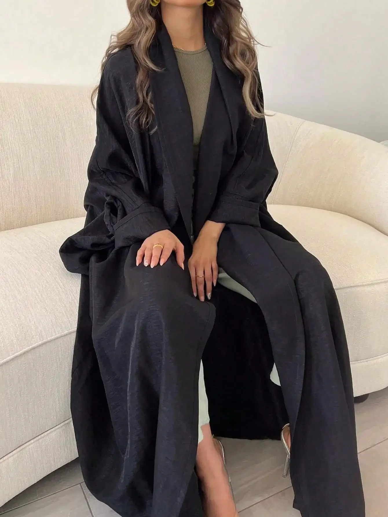 Open Front Abaya Muslim Women Casual Kaftans Maxi Dresses Jilbabs Middle-East Ethnic Clothing Full Sleeve Solid Loose Abayas