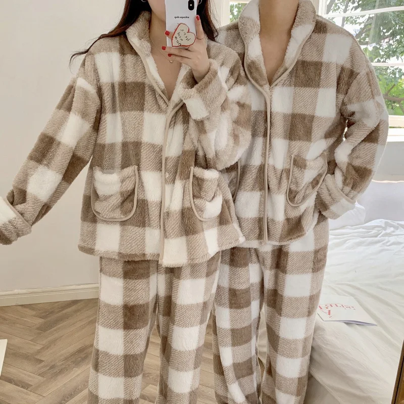 Plaid Warm 2Pcs Home Clothes Women Flannel Velvet Nightwear Couple Sleep Set Pajamas Casual V-Neck Pyjamas Sleepwear Outwear