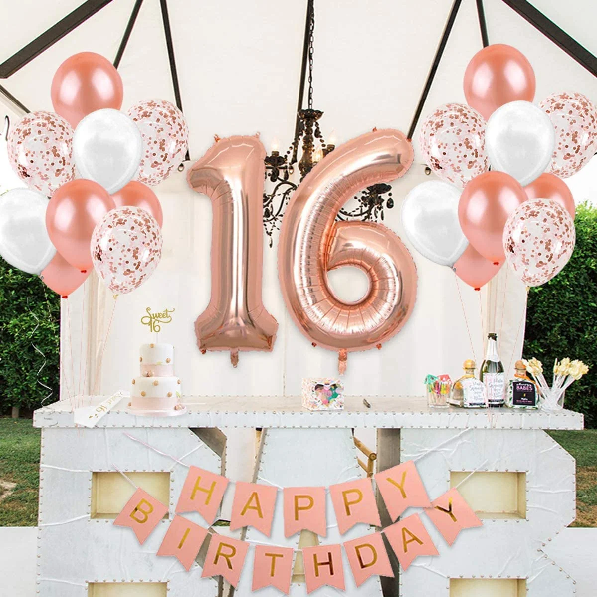 Dekorationen zum 16. Geburtstag für Mädchen, süßer 16-Kuchenaufsatz und Satinschärpe, 16-Konfetti-Luftballons in Roségold und Geburtstagsbanner – Detail 2