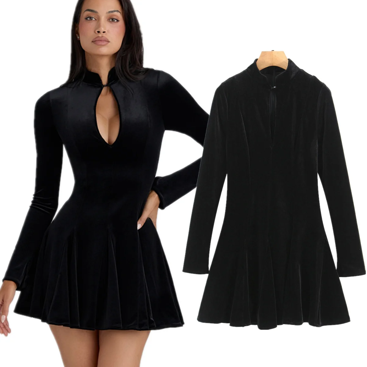 

Jenny&Dave French Minimalist Elegant Velvet Winter Dress Black Color Hollow Out Elegant Party Dresses,Vestidos Womens Dresses