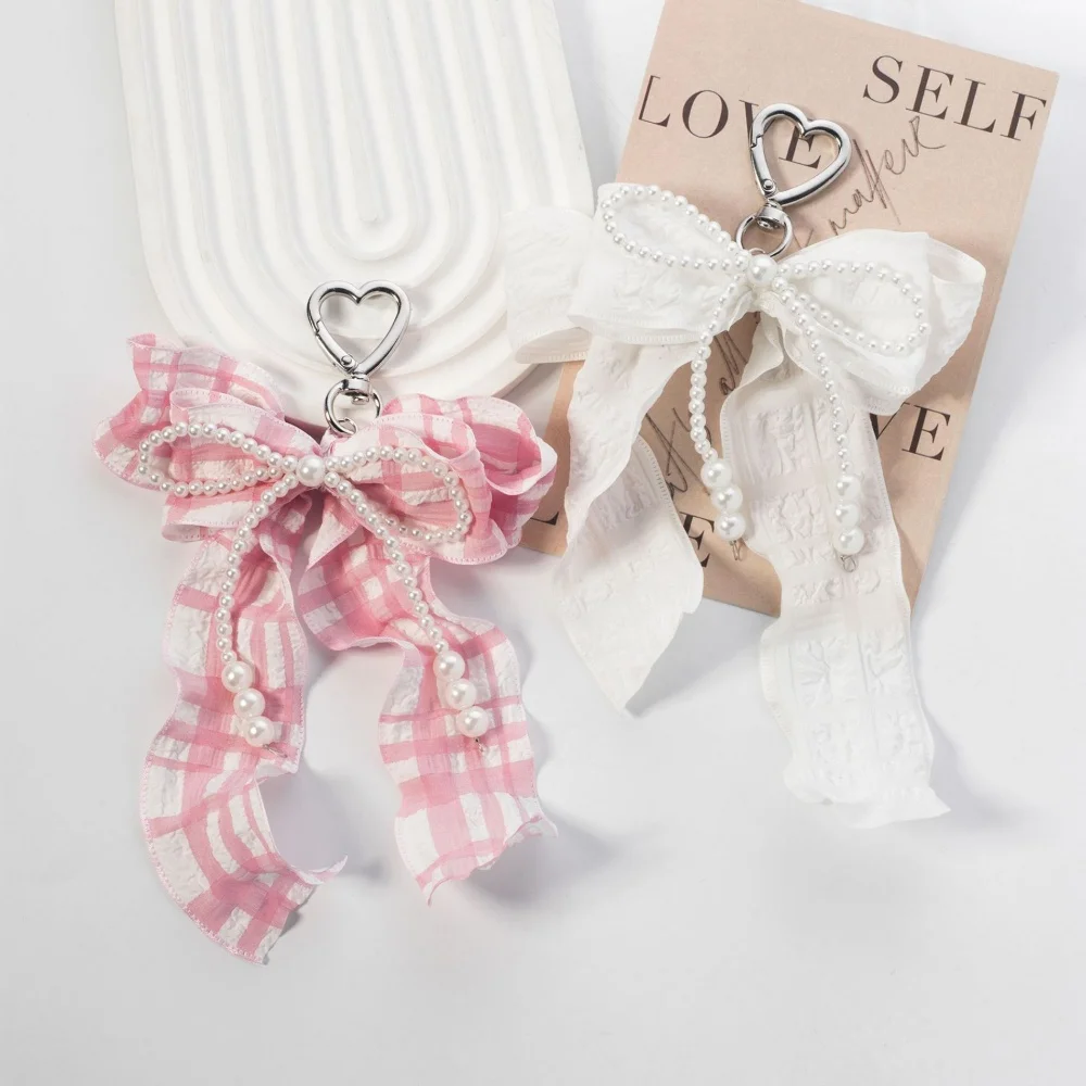 Women's Bag Pendants Pearl Plaid Pleated Ribbon Bow Sweet Kawaii Bag Charms High-quality Multifunctional Keychains For Girls