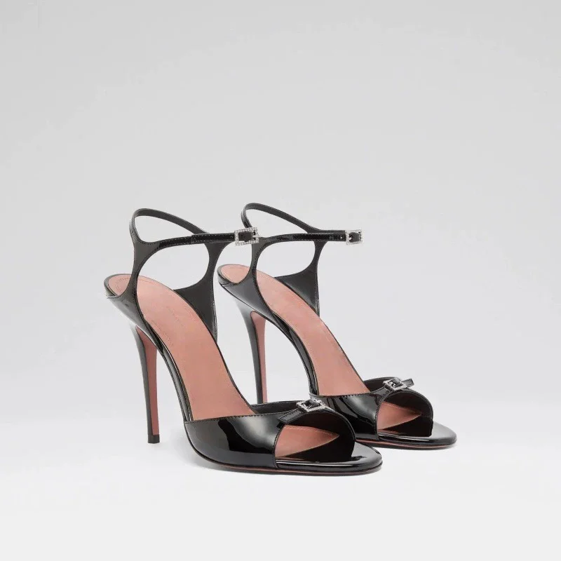 

Fine high-heeled sandals summer new round-toe patent leather rhinestone buckle with sandals banquet large size women's shoes