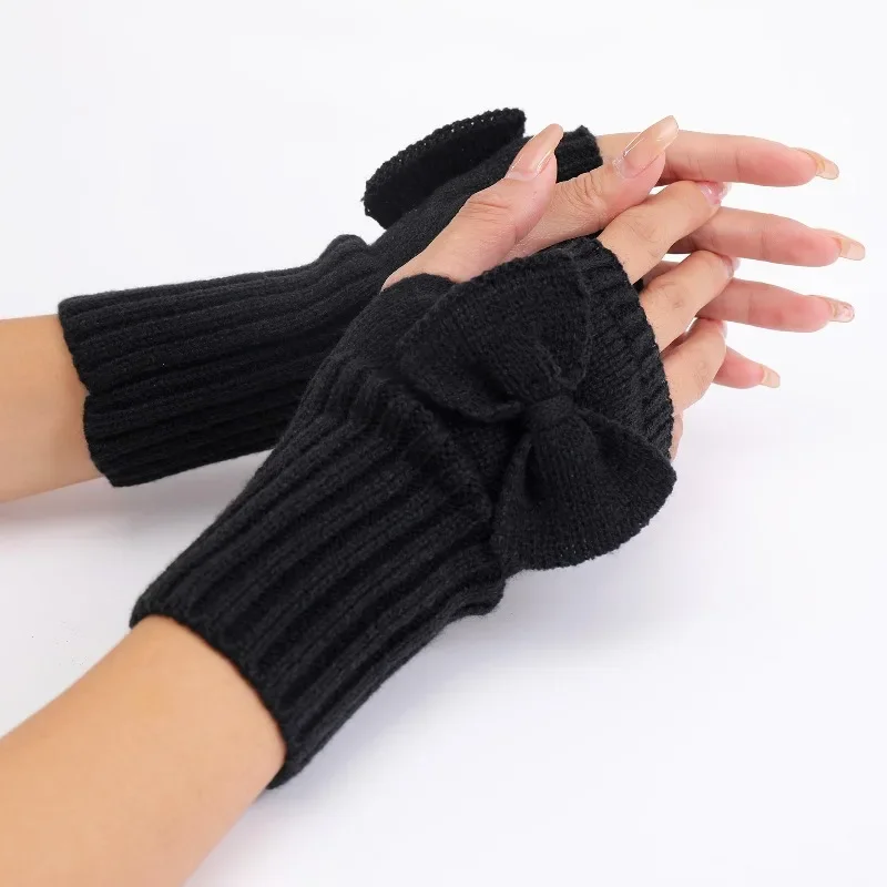 Women's Cute Bow Knitted Wool Gloves Warm Half Finger with Wrist Guards Soft Cozy Fashionable Autumn Winter Accessories