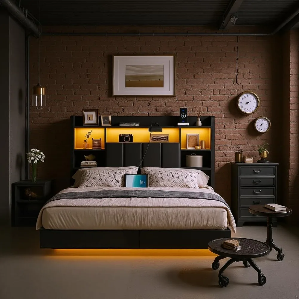 هيكل سرير كامل الحجم مع لوح أمامي، هيكل سرير عائم مع مقبس طاقة وأضواء LED، لوح رأسي مبطن بالكامل #3