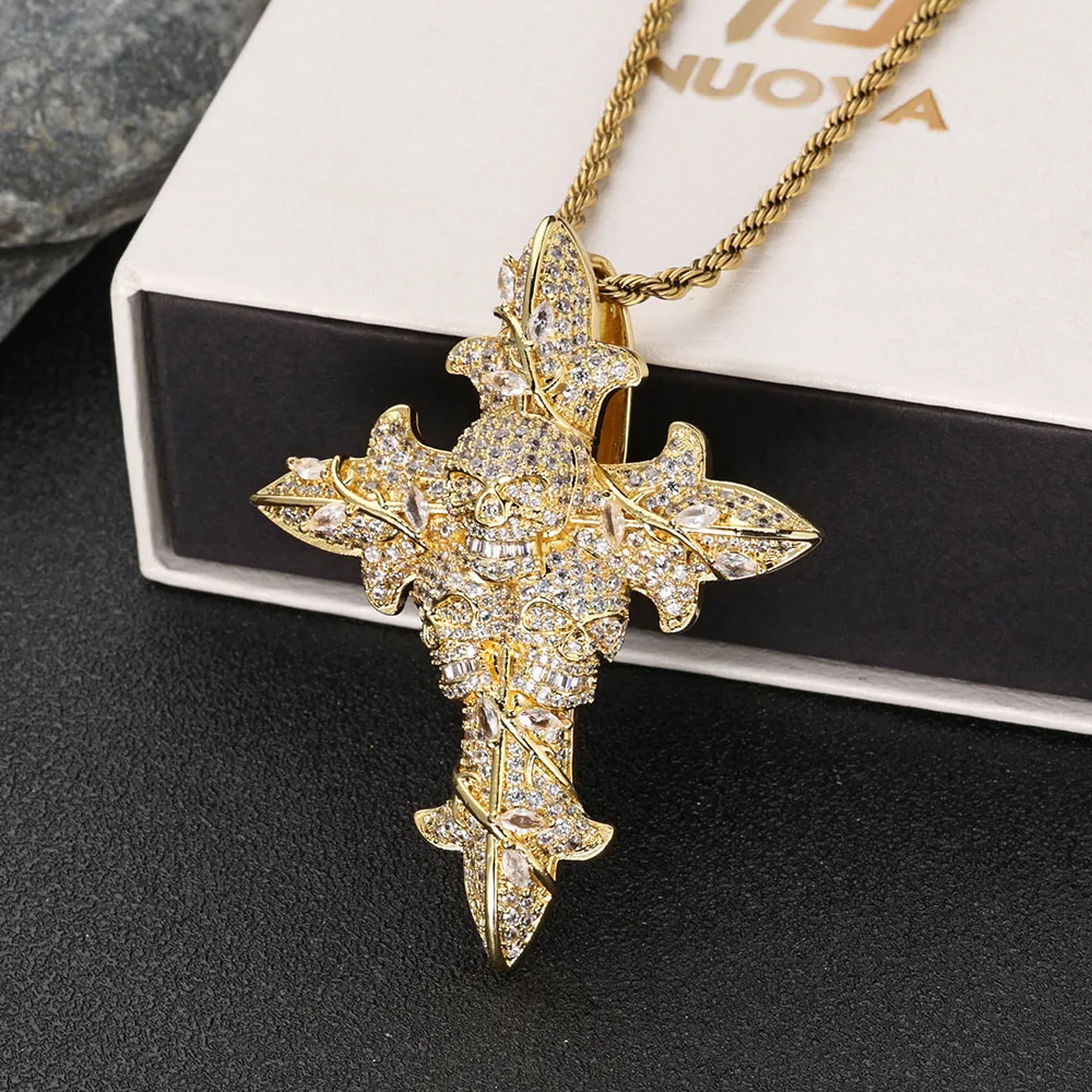 Hot Selling Vintage Jewelry Iced Out Flower Skull Cross Pendant Necklace 5A Zircon Christian Religious Cross Necklace Charm