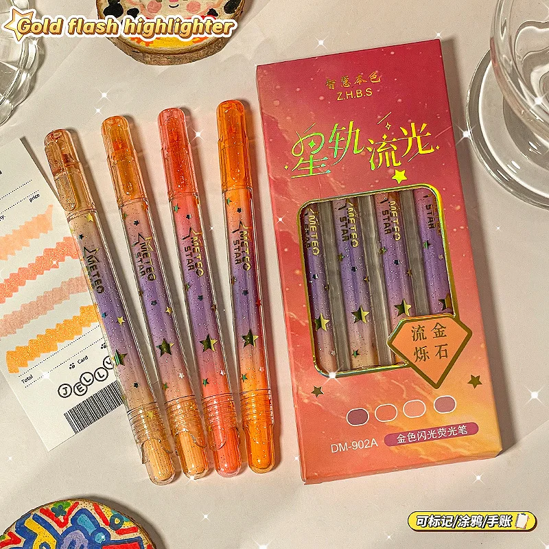4PCS Gold Flash Highlighter High Value Eye Protection Student Handbook Pen Marking Painting Marker Highlighter Highlighter Pen