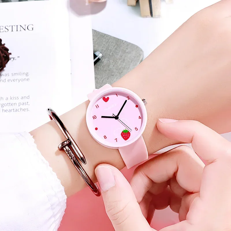 Children's Watch Girls Cute Little Strawberry Cartoon Pink Blue Quartz Wrist Watches Casual Silicone Strap Watches School Clock