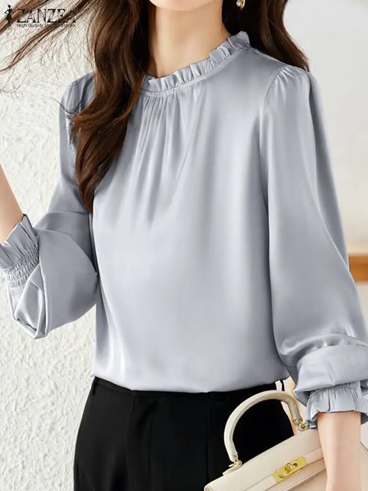 ZANZEA Women Office Satin Blouse Fashion Long Sleeve Ruffles Solid Shirt Elegant Casual OL Work Tops Tunic Female Party Blusas