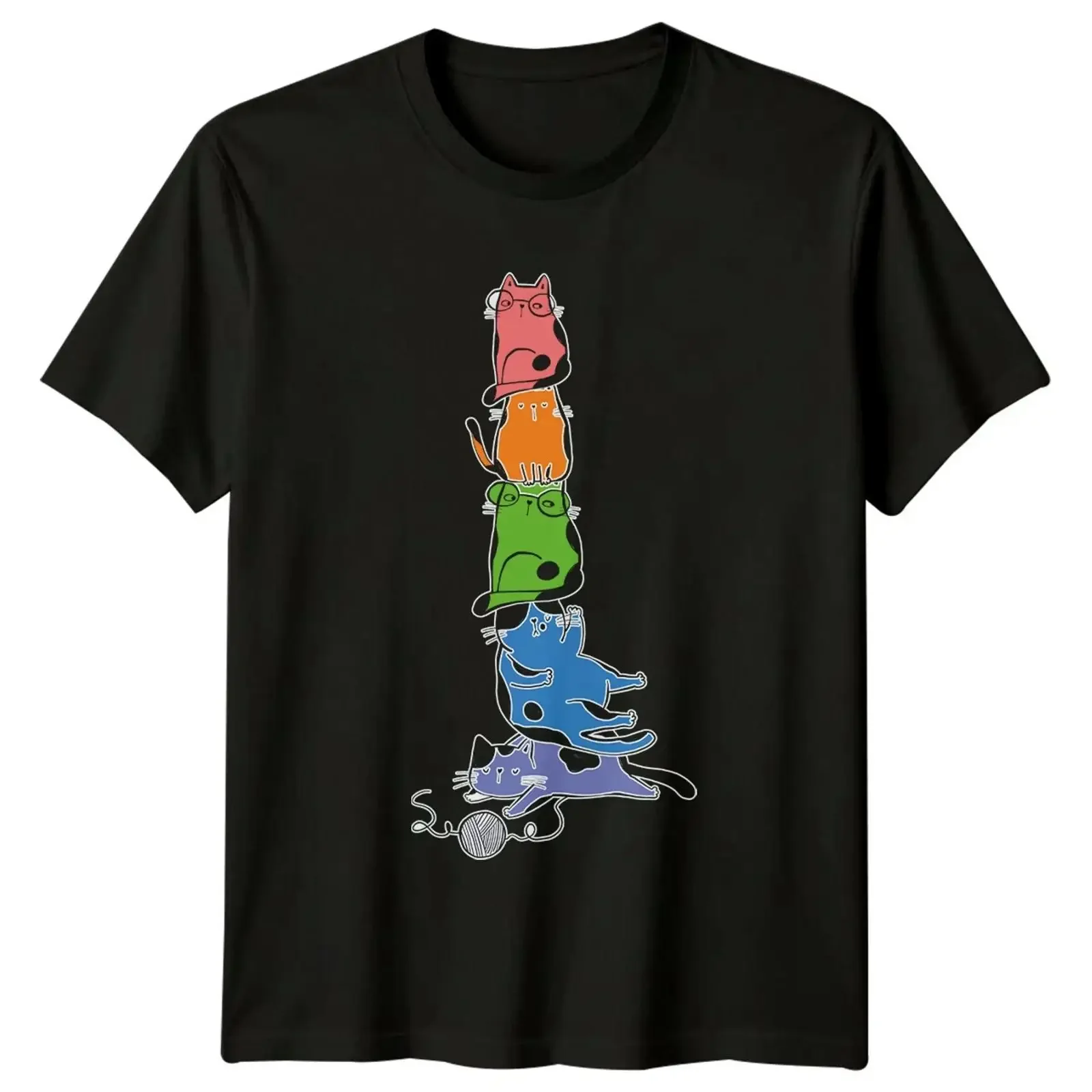 T Shirt Stacked Cats With Glasses Anime Style Baumwolle vintage Washed Breathable designer clothes Soft Stylish Stretched