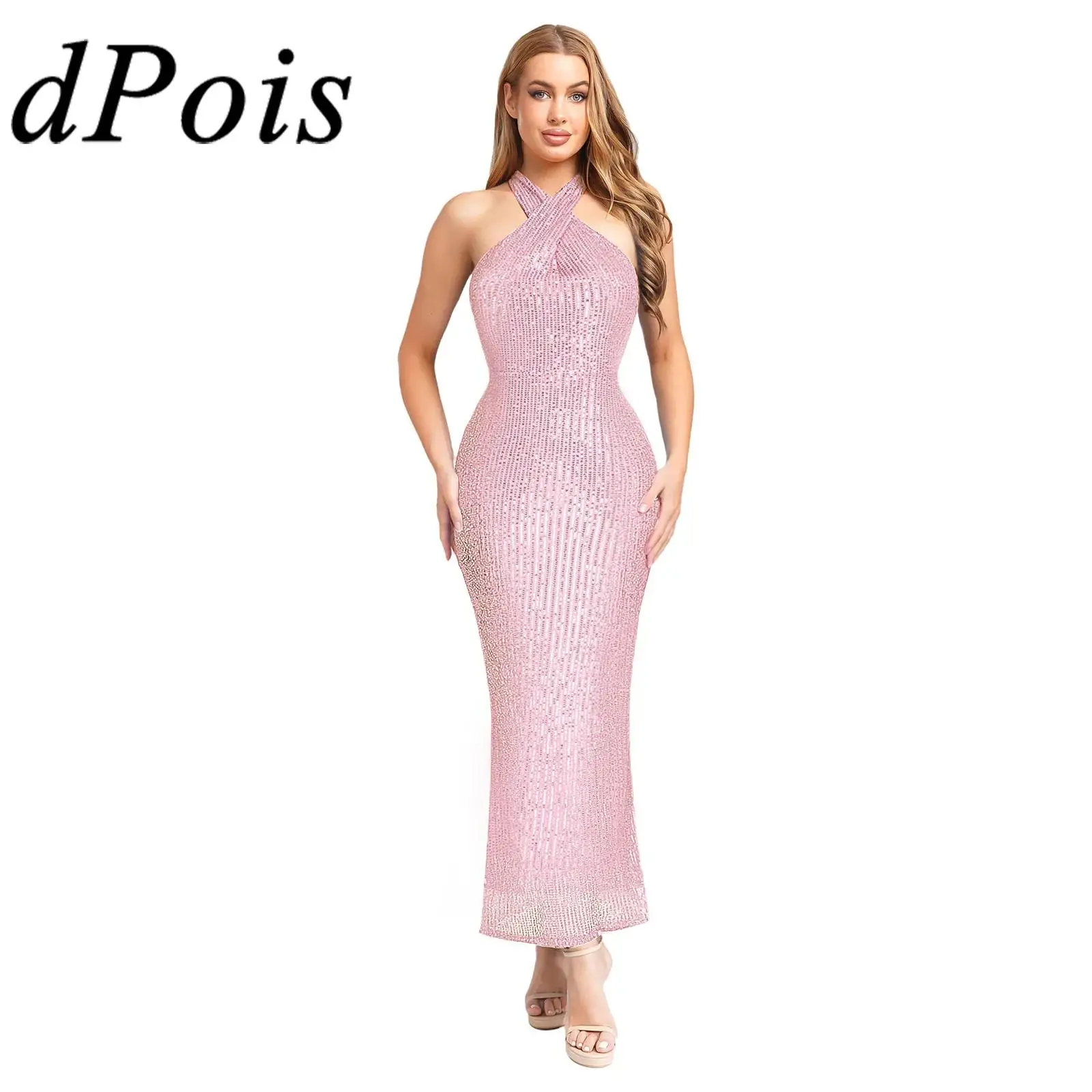 فستان نسائي طويل لامع معبر رسن بدون ظهر ترتر فستان بدون أكمام بقصة ضيقة رداء حفلات لولائم الزفاف المسائية #1