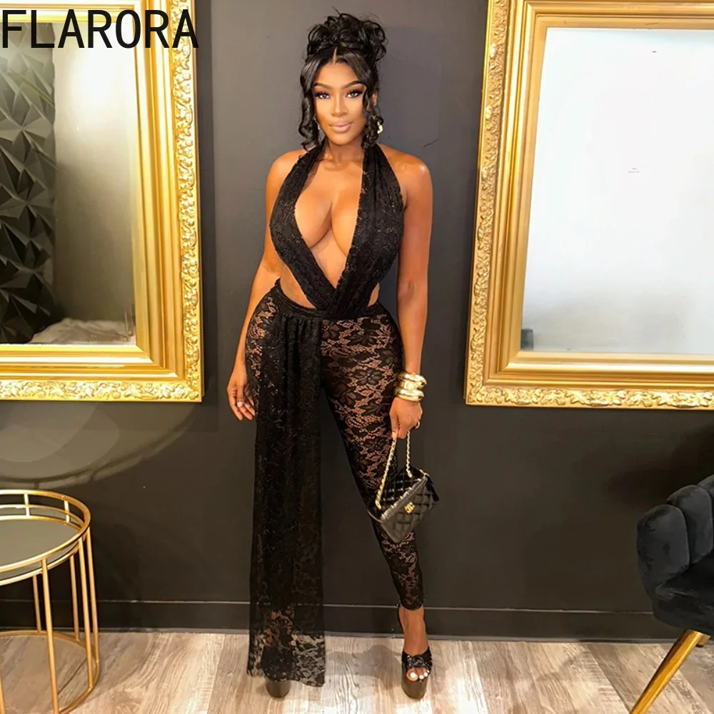 

FLARORA Sexy Lace Jacquard Halter Jumpsuits Woman Hipster Ribbon Patchwork Sleeveless Backless Overalls Midnight Party Clubwear