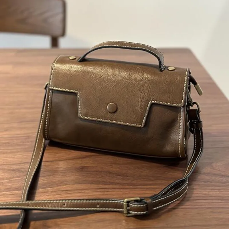 Vintage leather bag women 2024 autumn/winter new square bag cowhide casual single shoulder crossbody bag head layer cowhide