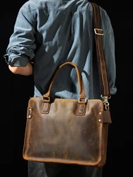 Bolsa masculina de couro de primeira camada, bolsa mensageiro de ombro, maleta casual, cavalo louco, retrô, alta qualidade