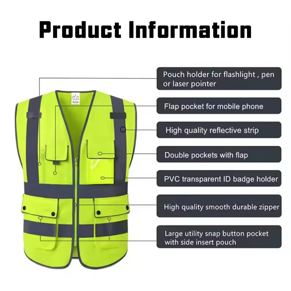 Reflective Vest High Visibility Safety Vests Multi Pockets Construction Workers Security Working Clothes Hi Vis Workwear