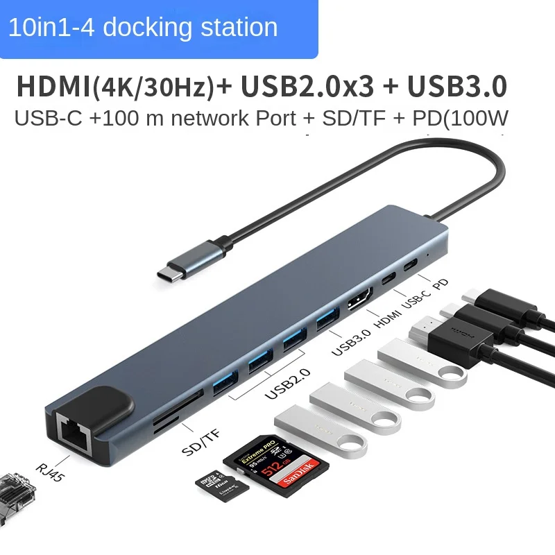 

USB C HUB 4K 30Hz Type C 10 in 1 Docking Station 3.0USB Splitter Adapter PD 100W Charge SD/TF Card Slot for PC MacBook Pro Air