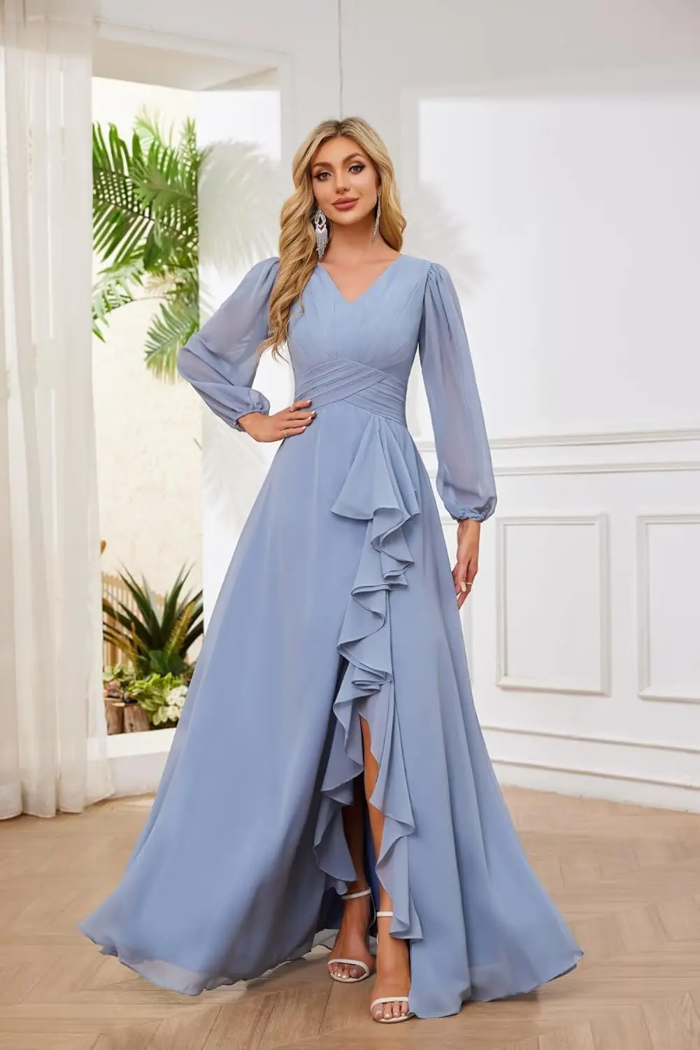 

Women's Long Sleeve Bridesmaid Dresses Chiffon V Neck A-Line Ruffles Prom Dresses with Slit