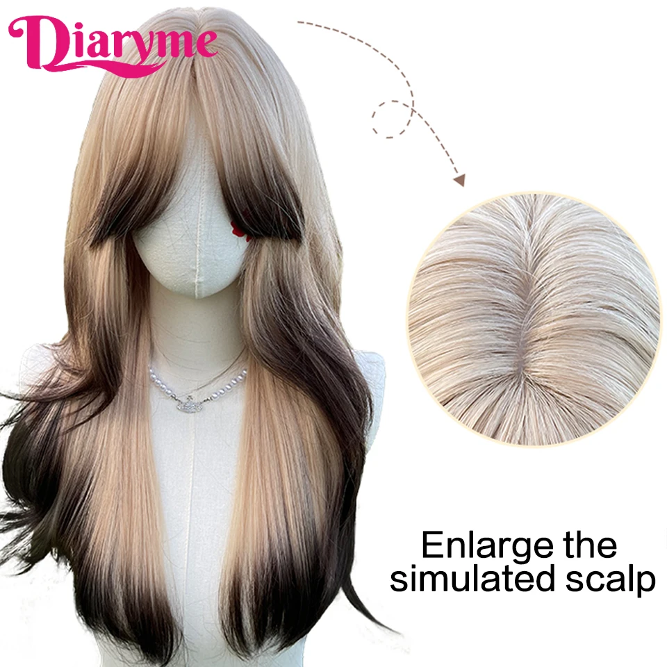 Middle-Part Long Wavy Synthetic Hair Wigs For Women Blonde Ombre Black Wigs Korean-style eight-character bangs Wig  Cosplay Hair