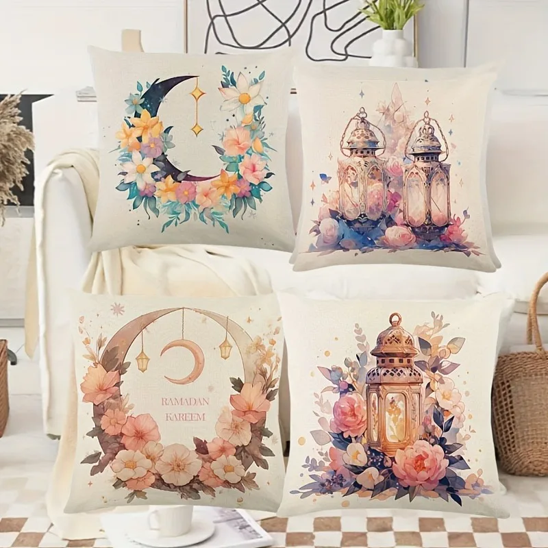 Ramadan Karim decoration pillowcase flower Crescent Moon Fasting Lamp pattern design Sofa Cushion cover home Decoration gift