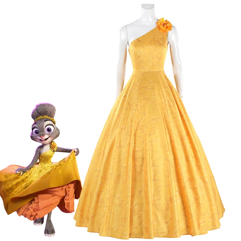 Conejo adulto conejito un hombro vestido amarillo disfraz de Halloween mujeres Judy Hopps vestido de noche Cosplay