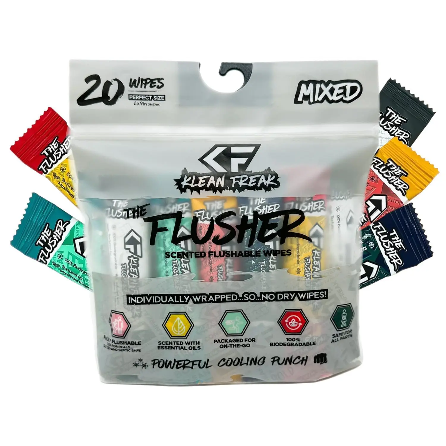 

Flushable Wipes for Adults & Kids - 100% Biodegradable Individual Wrapped Travel Wipes - Soothing Aloe & Witch Hazel - Alcohol Free 20 Pack
