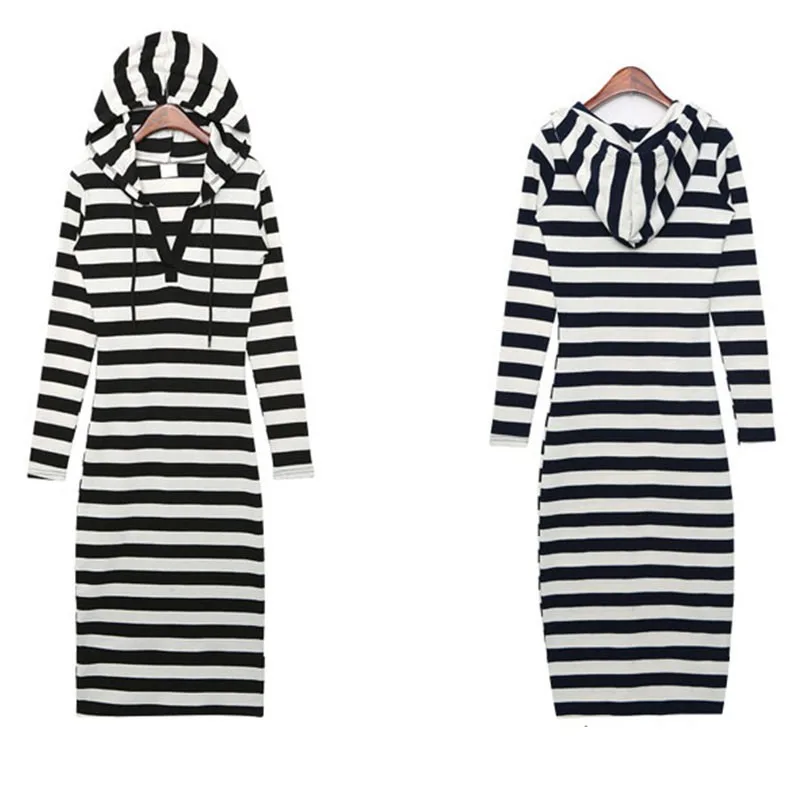 Autumn Women Stripes Print  Pullover Hoodie Dress Long Sleeve Dress Casual Loose Long Section Dress