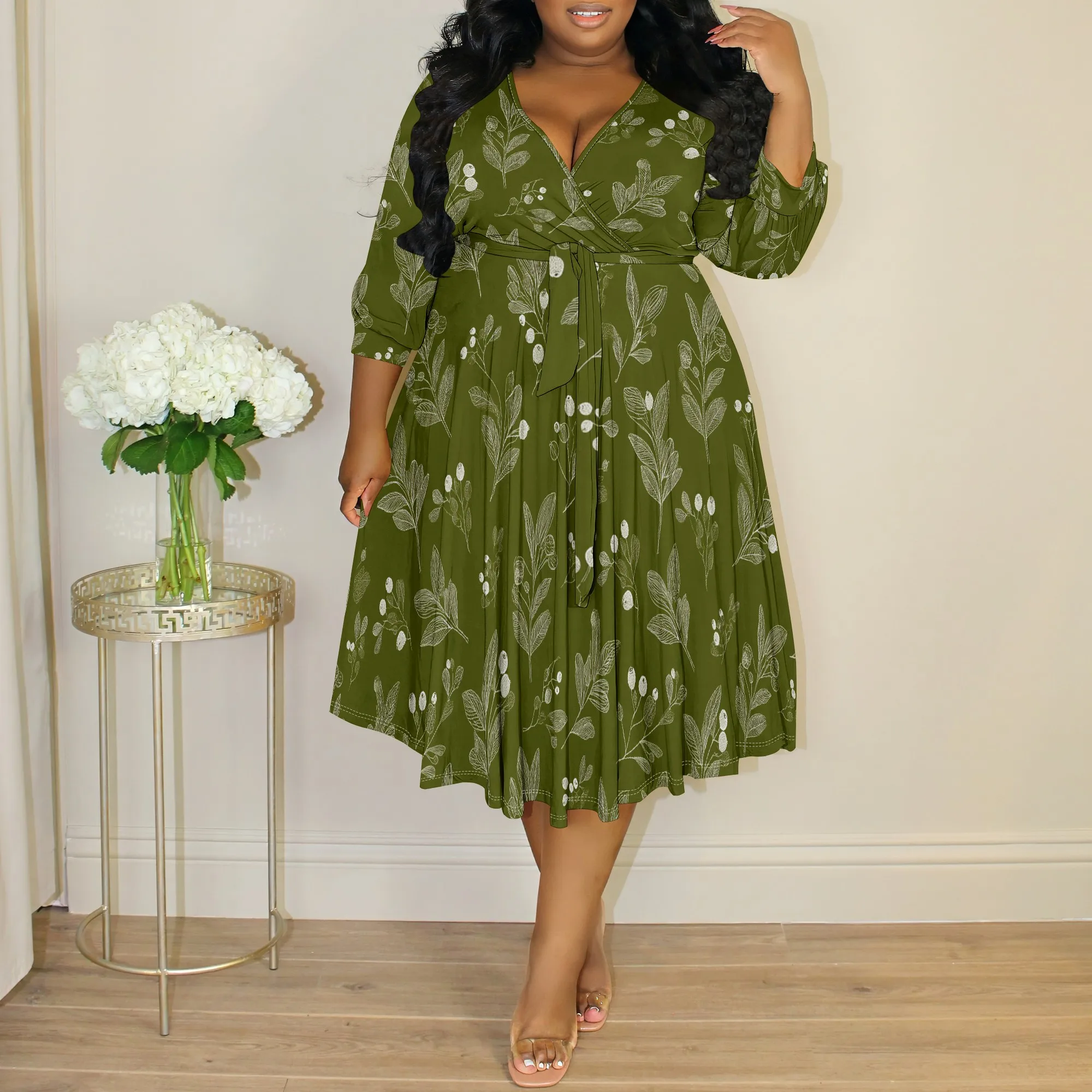 

Olive Green Leaf Print Wrap Dress XL-6XL – Plus Size V-Neck Midi for Spring Brunch, Church or Garden Gathering