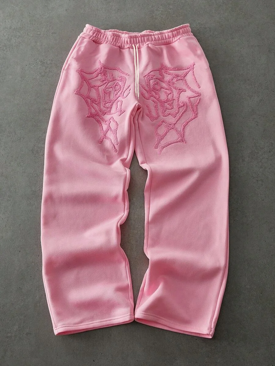 2026 New Trend Men's Loose Pants Pink Heart Spider Web Breathable Quick Drying Hip Hop Street Fashion Trousers for Daily Wear