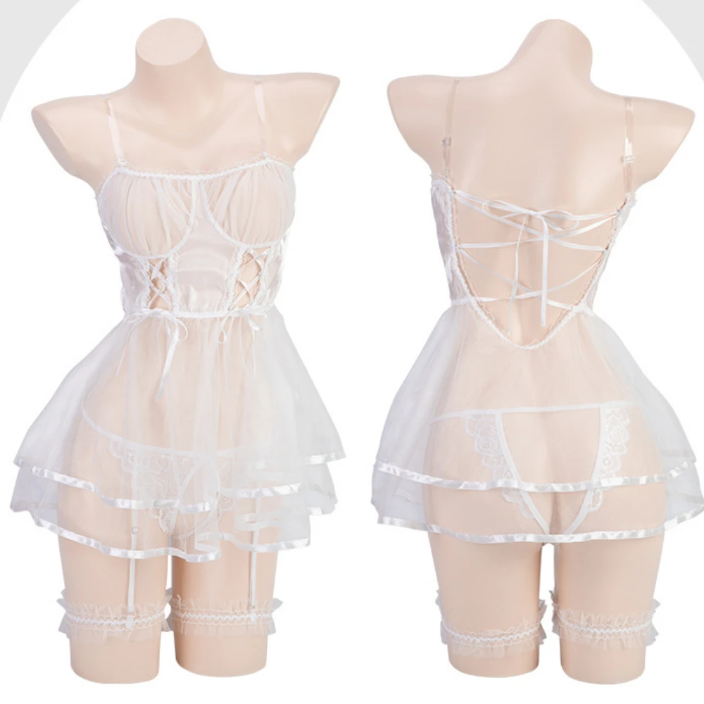 فستان زفاف أبيض مثير زي العروس لوليتا تنورة بيبي دول فستان الدانتيل الاباحية لعب الأدوار بيجامة مثيرة شفافة ملابس داخلية مثيرة