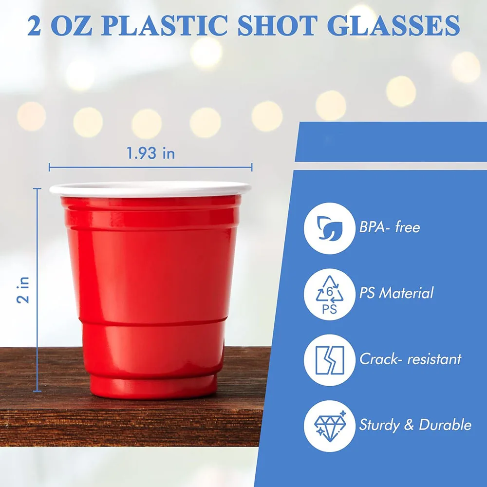 2 oz Plastic Shot Glasses, Red Disposable Shot Cups, Mini Red Shot Cups, 60ml Party Cups for Christmas Party