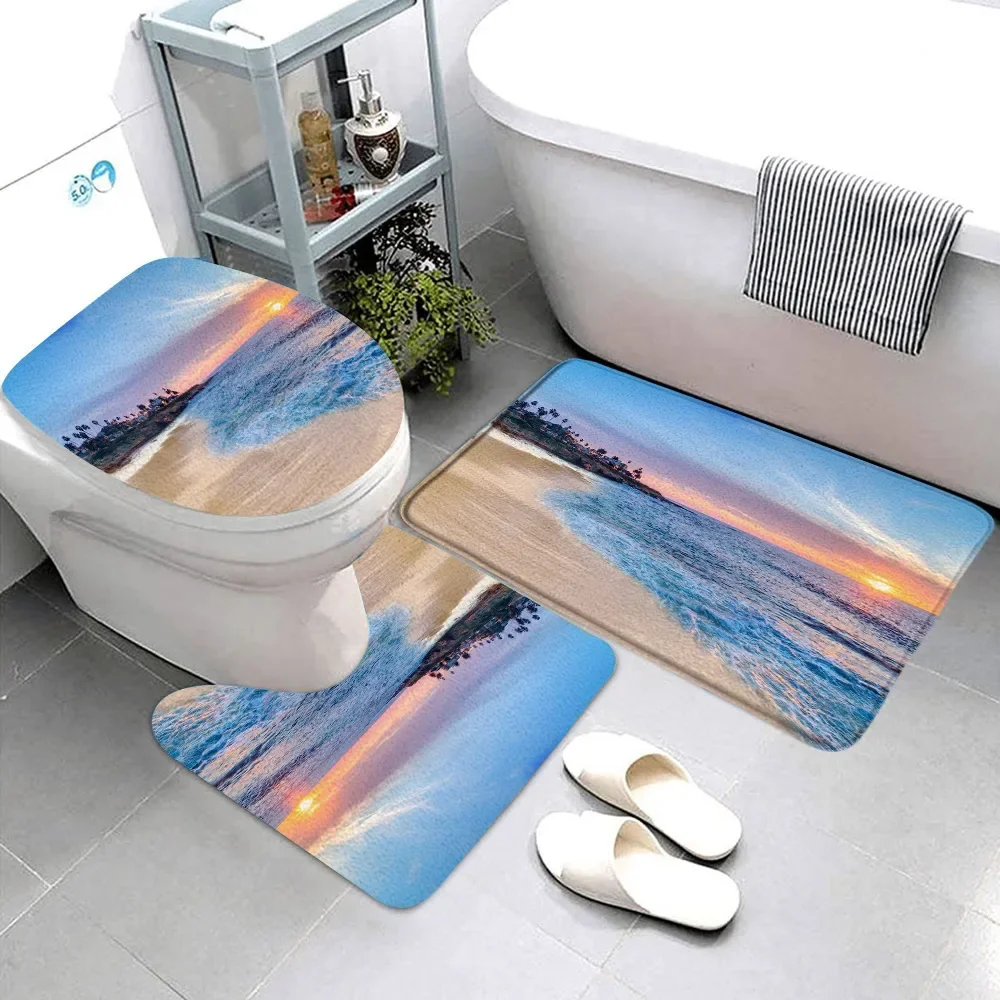 Blue Ocean Seaside Scenic Rug Set Tropical Beach Outdoor Landscape Bath Mat Toilet Mat Bathtub Bathroom Decoration Set